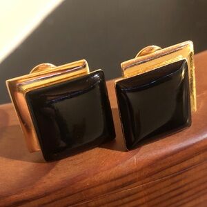 MONET Vintage Square Black Enamel and Gold Clip On Earrings- 1980s/90s Retro